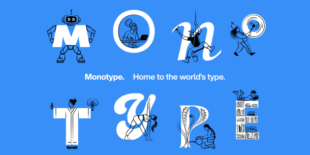 Monotype letters with playful cartoon images on each letter. Text: "Monotype. Home to the world's type." Blue background. Monotype letters with playful cartoon images on each letter. Text: "Monotype. Home to the world's type." Blue background.